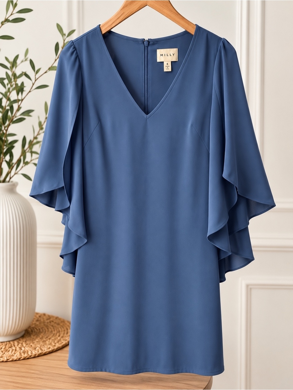 Milly 92% Silk Slate Blue V Neck Flutter Sleeve Shift Dress Size 6